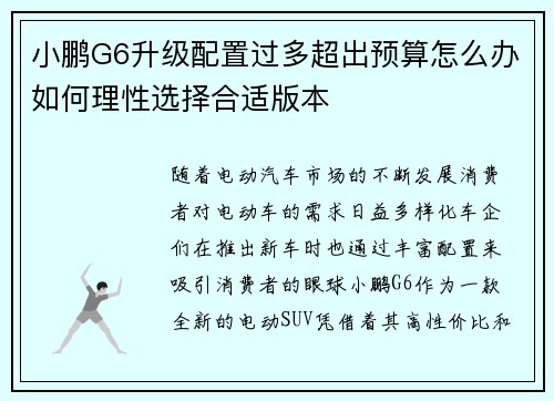 小鹏G6升级配置过多超出预算怎么办如何理性选择合适版本