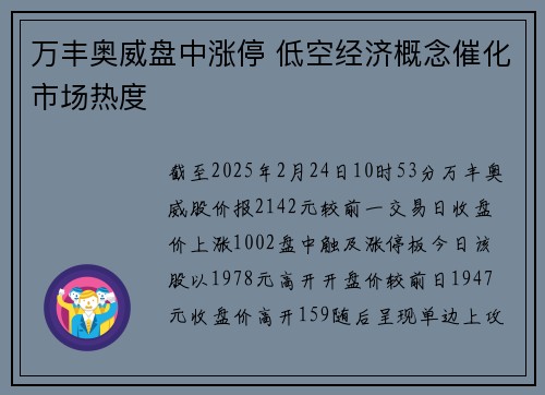 万丰奥威盘中涨停 低空经济概念催化市场热度