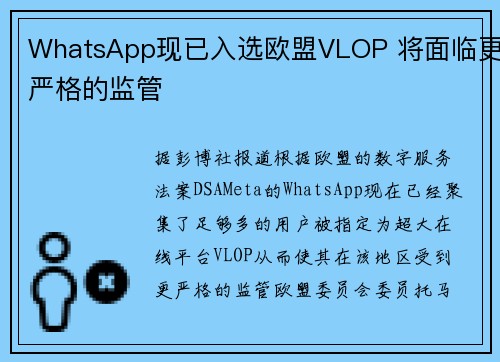 WhatsApp现已入选欧盟VLOP 将面临更严格的监管
