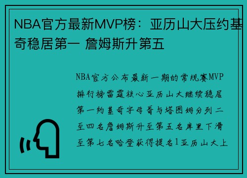 NBA官方最新MVP榜：亚历山大压约基奇稳居第一 詹姆斯升第五