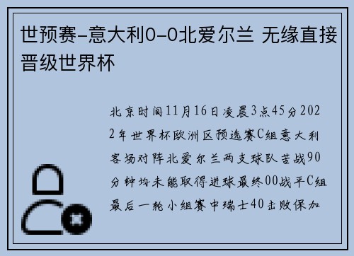 世预赛-意大利0-0北爱尔兰 无缘直接晋级世界杯