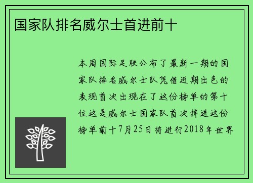 国家队排名威尔士首进前十