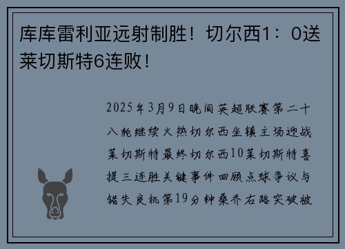 库库雷利亚远射制胜！切尔西1：0送莱切斯特6连败！