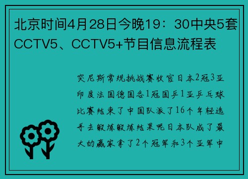 北京时间4月28日今晚19：30中央5套CCTV5、CCTV5+节目信息流程表